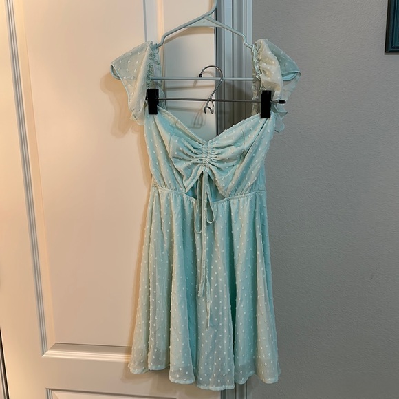 Off the shoulder mint green mini dress! Tie ruched bust. Worn once. - Picture 2 of 7